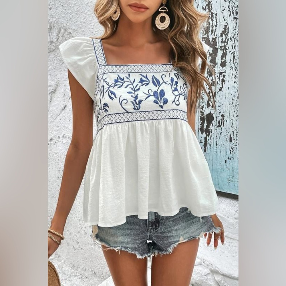 Square Neck Embroidered Peplum Blouse